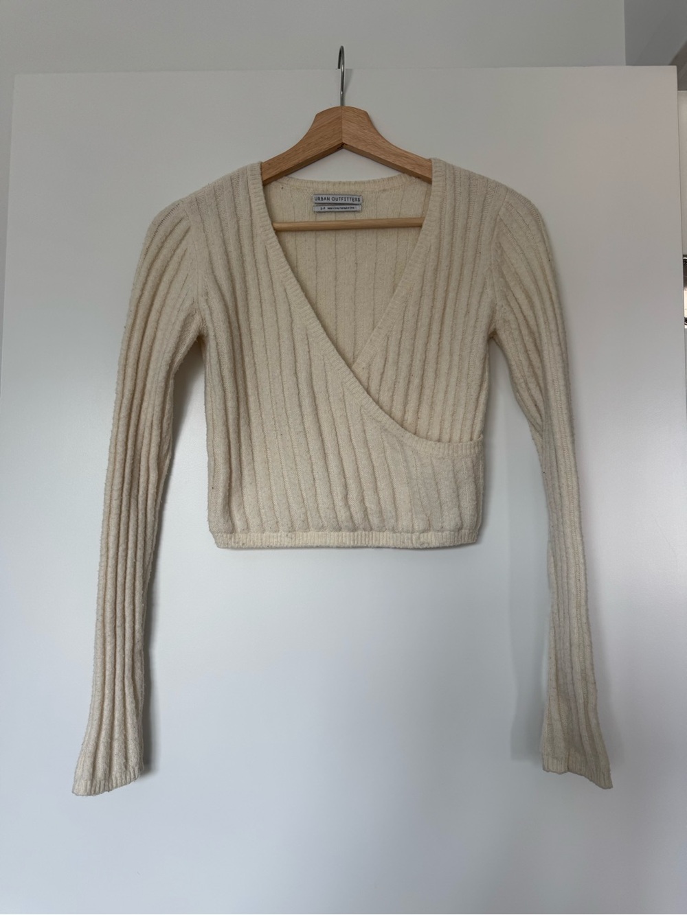 Urban Outfitters Cream Ribbed Wrap V-Neck Sweater